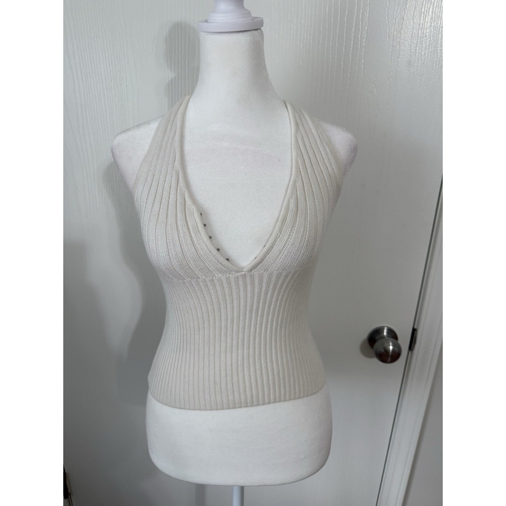GUESS Knit Cream White Halter Tank Crop Top Small Clasp Front Stretch